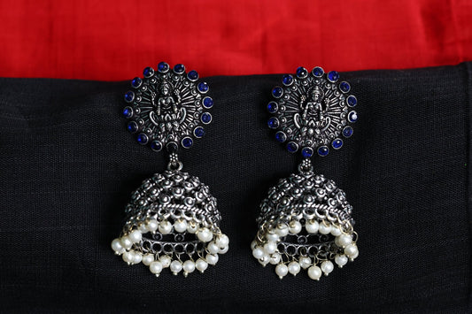 German Silver Lakshmi Jhumka Earring with Blue Stones and Pearls - The Soul Jewellery