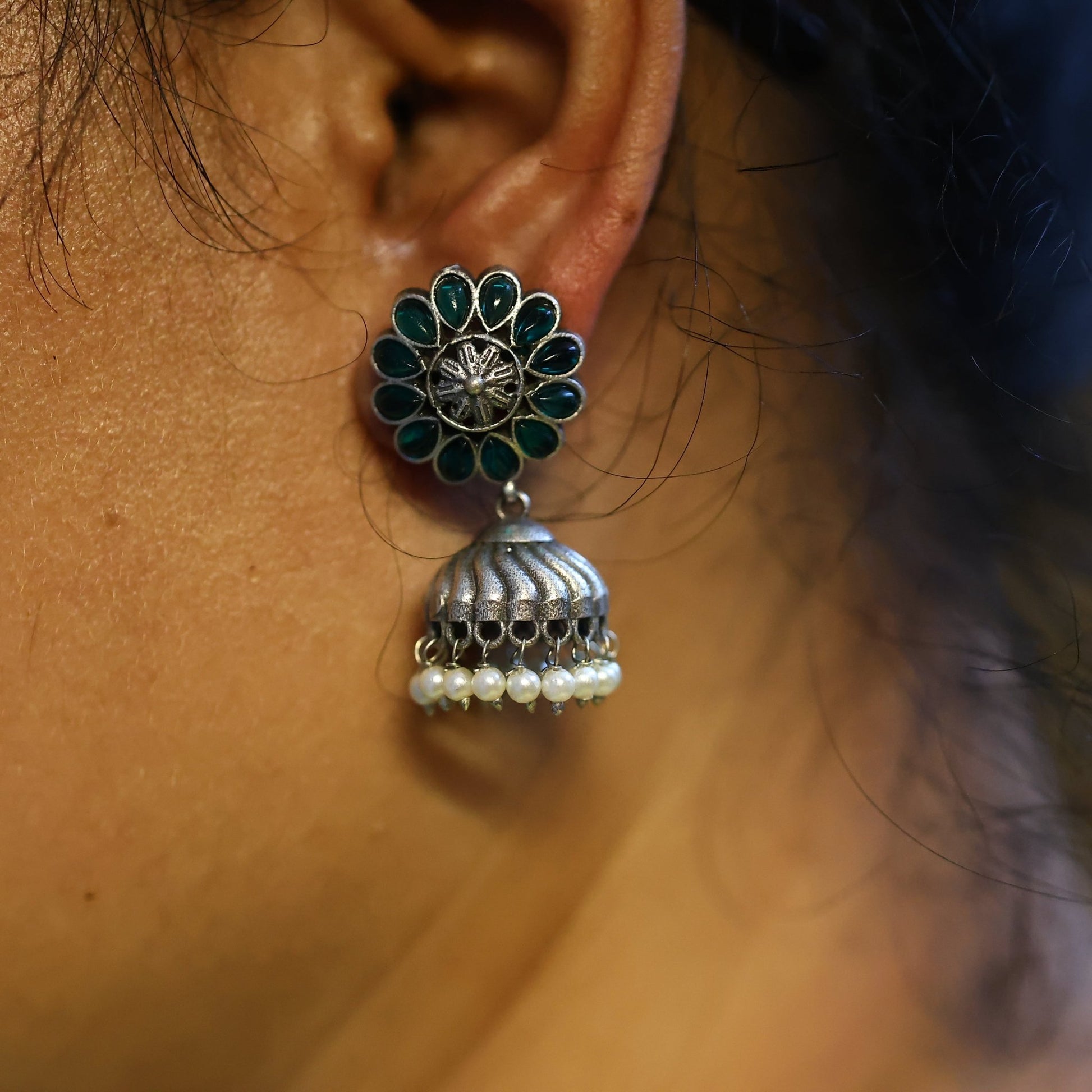 German Silver Oxidized Flower Jhumka with Monalisa Green Stones - The Soul Jewellery