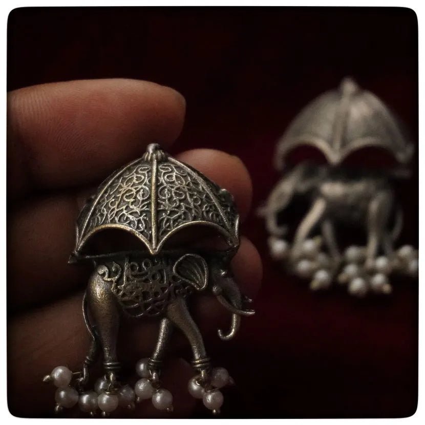 Gajraj Umbrella Oxidised Earrings for Women – Vintage Silver Elephant Pearl Drop Statement Earrings - The Soul Jewellery