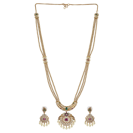 Maitrayee Antique Matte Gold Plated Long Necklace Set with Flower Motif - The Soul Jewellery