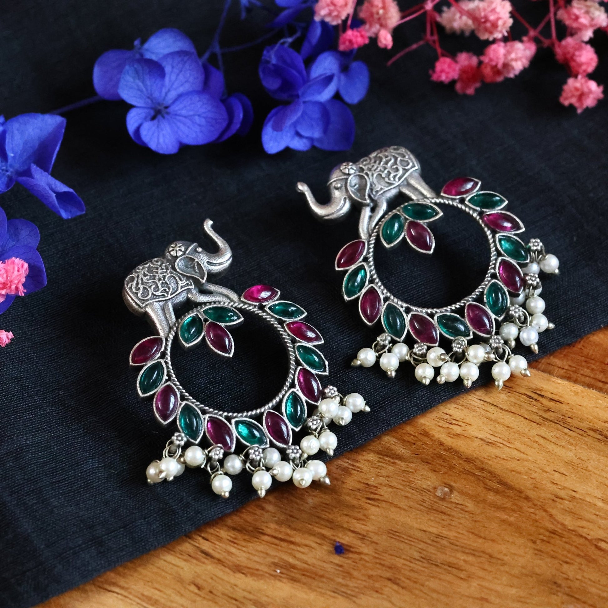 Elephant Motif German Silver Earrings with Red & Green Stones and Pearls - The Soul Jewellery