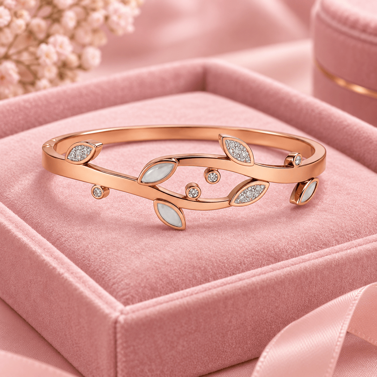 Rose Gold Plated Mother of Pearl Leaf & CZ Crystal Openable Demifine Bangle Bracelet for Women - Soul Jewellery