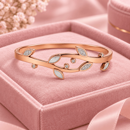 Rose Gold Plated Mother of Pearl Leaf & CZ Crystal Openable Demifine Bangle Bracelet for Women - Soul Jewellery