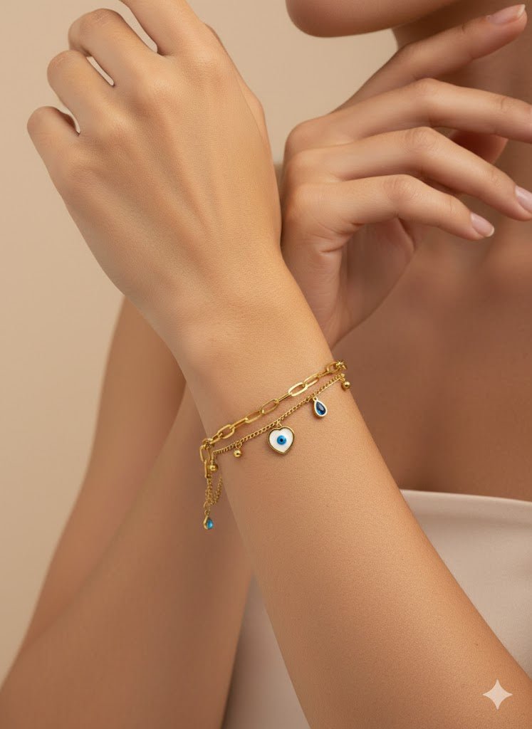 Aurelia 6 NazarHeart Dual - Chain Demi - Fine Anti - Tarnish Evil Eye Gold Bracelet for Women - The Soul Jewellery