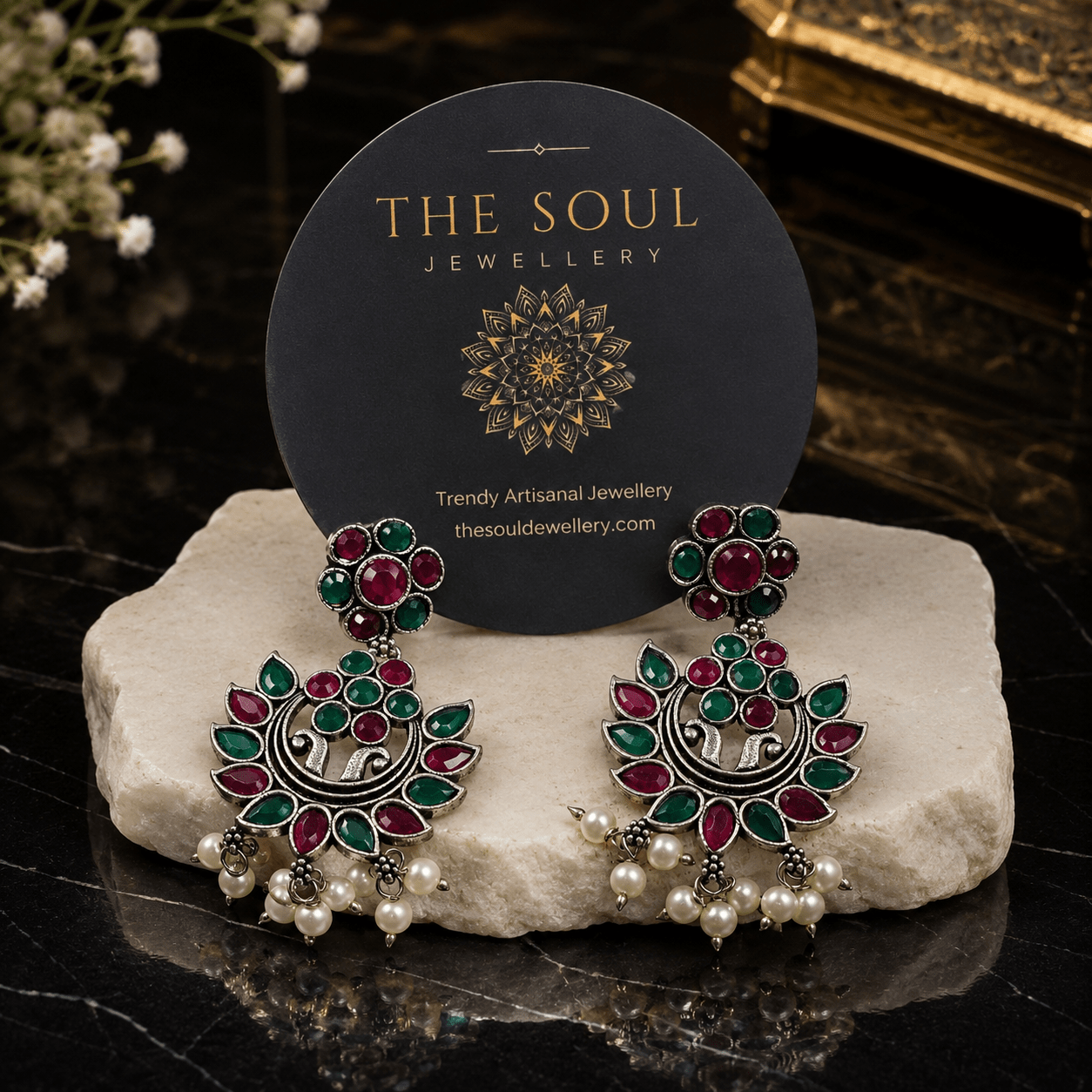 Royal Ruby & Emerald Peacock Chandbali Earrings with Pearl Drops |Oxidised Silver Earrings for Women - The Soul Jewellery