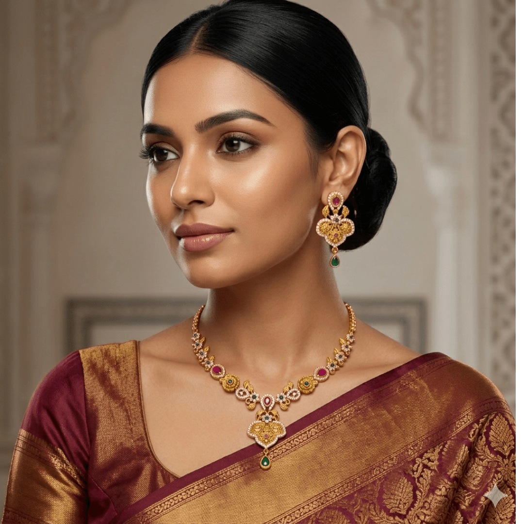 Traditional Temple Necklace Set with Earrings – Gold Plated Bridal Kundan Jewelry Set - The Soul Jewellery