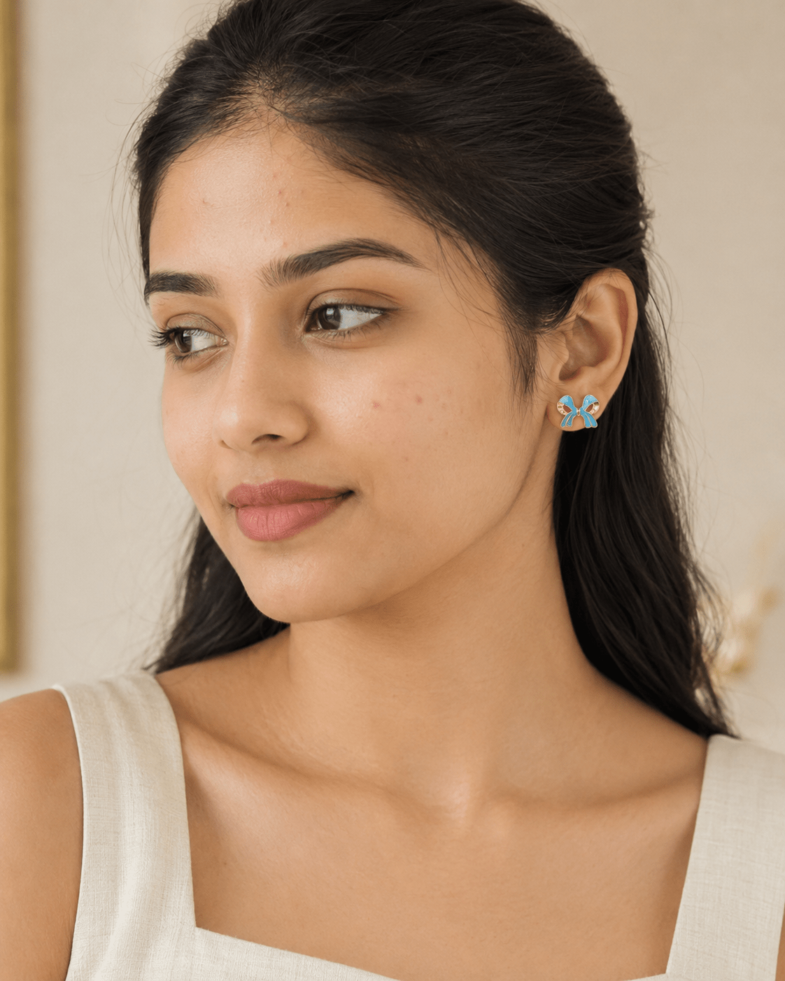 Sky Blue Bow Stud Earrings for Women – Gold-Tone Enamel Ribbon Earrings | Cute Minimal Everyday Stud - Soul Jewellery