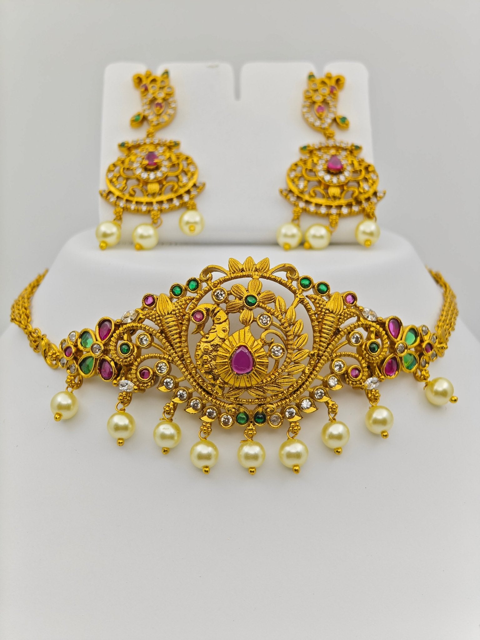 Rishika Antique Nakshi Choker Set with Pearl Drops Peacock and Floral Accents – Traditional Temple Jewelry MGNS311 - The Soul Jewellery