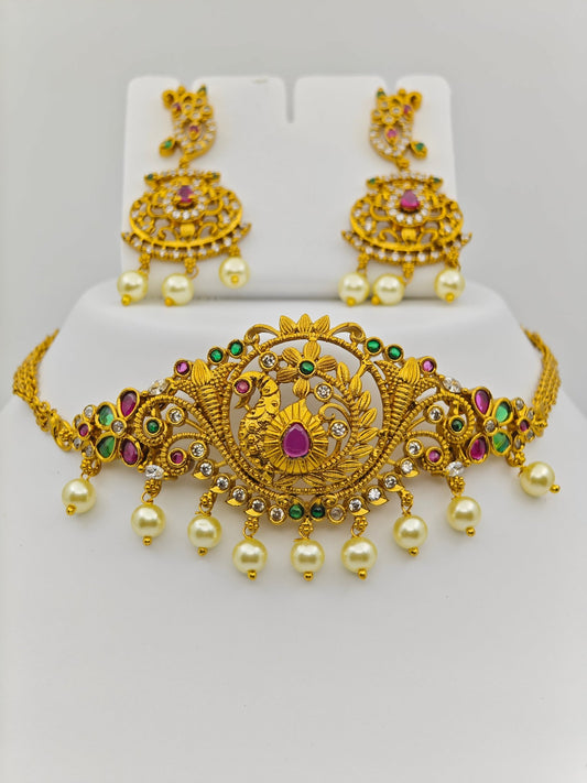 Rishika Antique Nakshi Choker Set with Pearl Drops Peacock and Floral Accents – Traditional Temple Jewelry MGNS311 - The Soul Jewellery