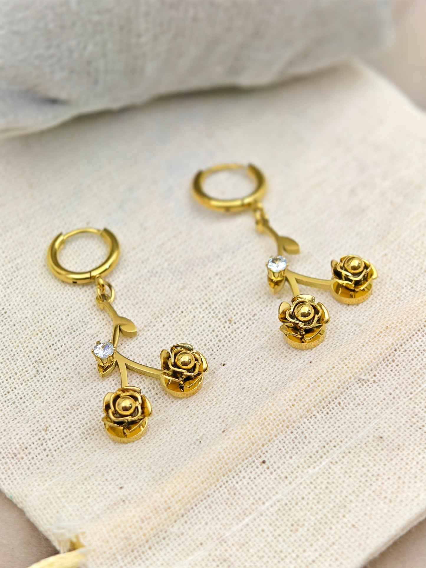 Gold Plated Rose Flower Drop Earrings – Elegant Anti-Tarnish Stainless Steel with Crystal Accents - The Soul Jewellery