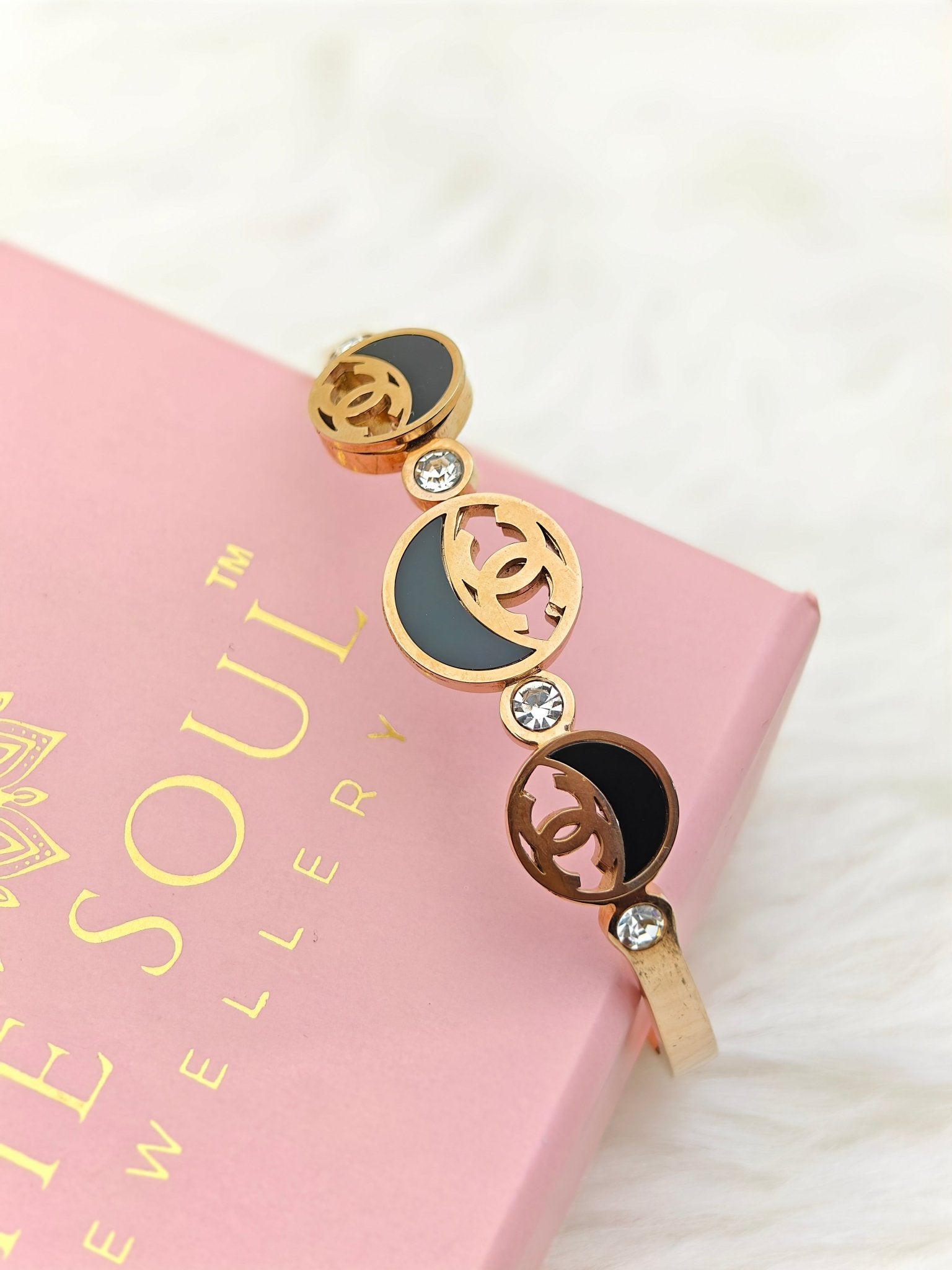 18K Rose Gold Plated Anti - Tarnish Designer Kada – Elegant Black Enamel & Crystal Statement Bangle for Women RGB499 - The Soul Jewellery