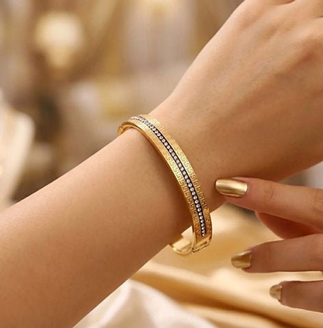Gold-Tone Crystal Greek Key Openable Bangle Bracelet for Women – Stainless Steel Demi Fine Kada - Soul Jewellery
