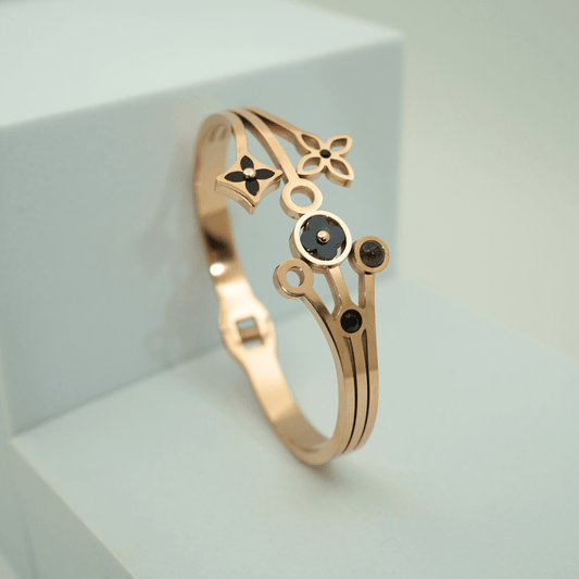 Luxury 18K Rose Gold Plated Anti - Tarnish Floral Charm Bangle with Black Enamel Accents – Elegant Openable Design RGB306 - The Soul Jewellery