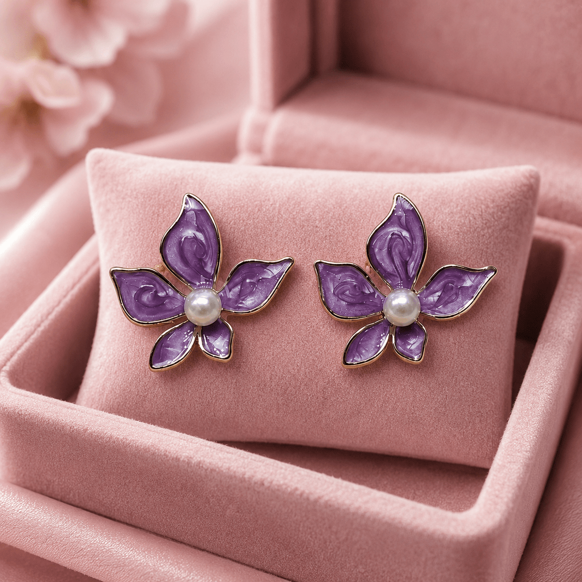Purple Floral Pearl Stud Earrings for Women – Gold-Tone Enamel Flower Earrings - Soul Jewellery