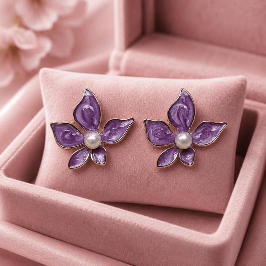 Purple Floral Pearl Stud Earrings for Women – Gold-Tone Enamel Flower Earrings - Soul Jewellery