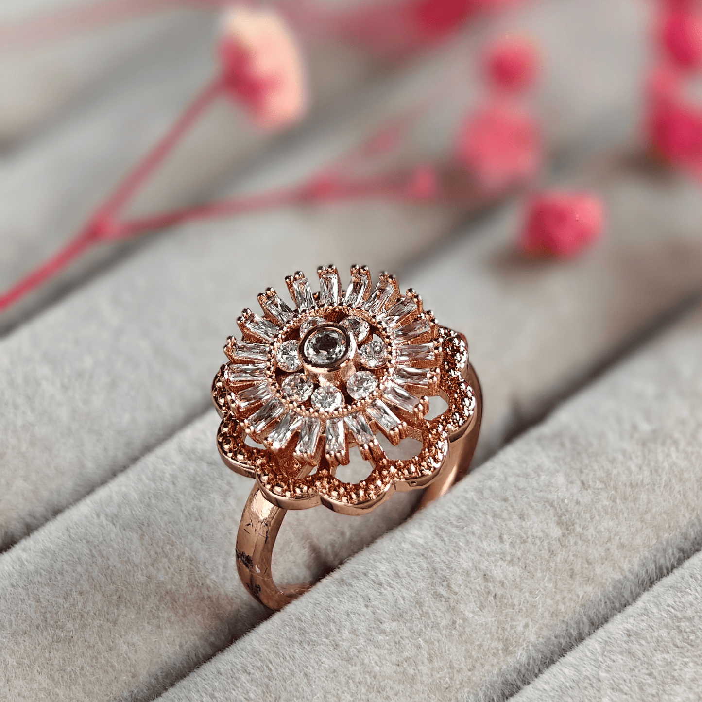 Eliza Cubic Zirconia Studded Adjustable 18K Rose Gold - Plated Anti tarnish Spinner Ring RGR110 - The Soul Jewellery