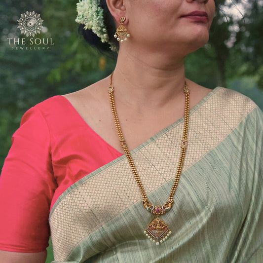 Duti Antique Matte Gold Plated Long Necklace Set with Devi Lakshmi & Peacock Motif - The Soul Jewellery