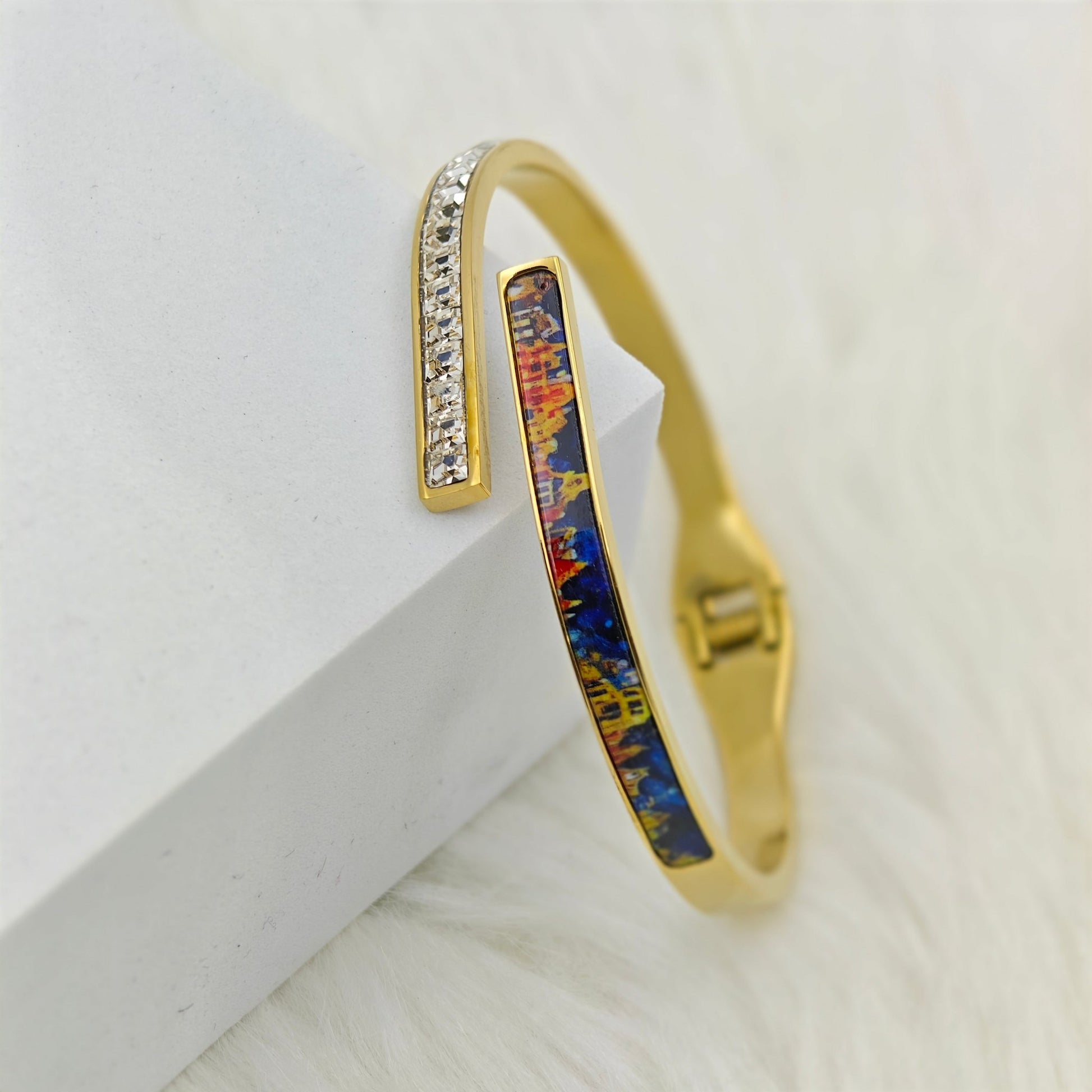 22K Gold-Plated Artistic Open Cuff Bracelet for Women– Anti-Tarnish Bangle with CZ & Enamel Accents- The Soul Jewellery