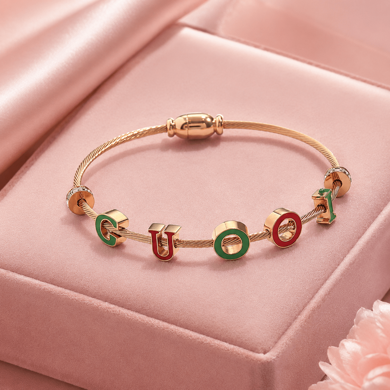 Luxury Gold-Tone Multicolor Alphabet Charm Bracelet for Women – Red & Green Enamel Letter Cable Bracelet - Soul Jewellery
