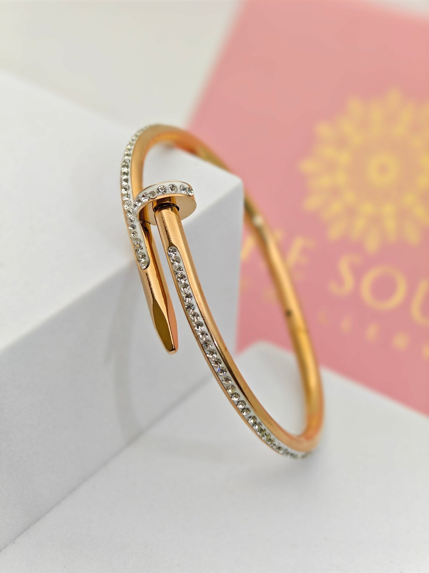 18K Rose Gold Plated Nail Bangle with Dazzling Crystal Pave – Bold and Modern Elegance RGB285 ki - The Soul Jewellery