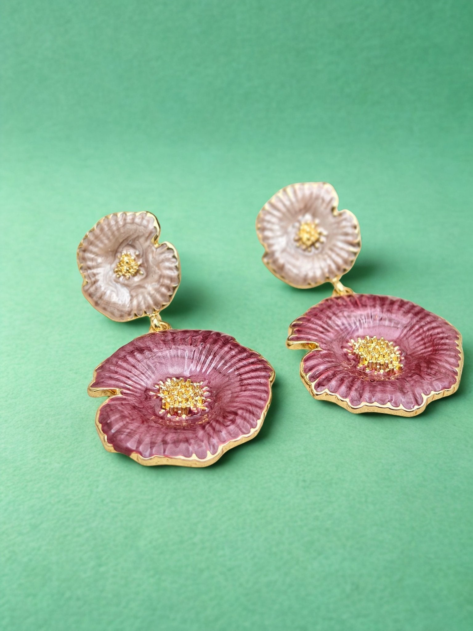 Luxury Anti - Tarnish Enamel Flower Drop Earrings in Gold Finish – Elegant Pink & Pearl Dual Tone - The Soul Jewellery