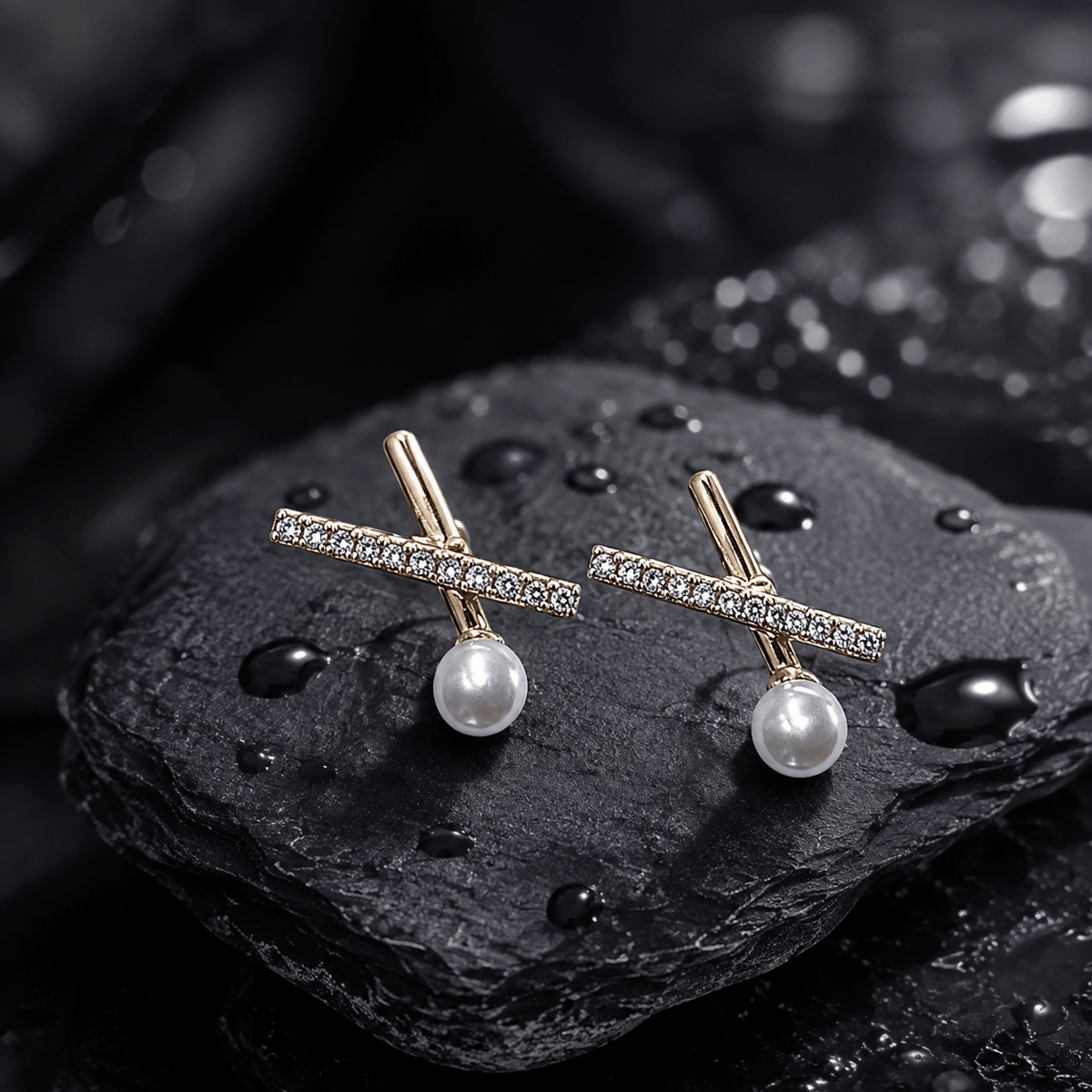 Gold-Tone Pearl & Crystal Bar Stud Earrings for Women – Minimal Geometric Demi Fine Earrings - Soul Jewellery