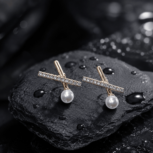 Gold-Tone Pearl & Crystal Bar Stud Earrings for Women – Minimal Geometric Demi Fine Earrings - Soul Jewellery