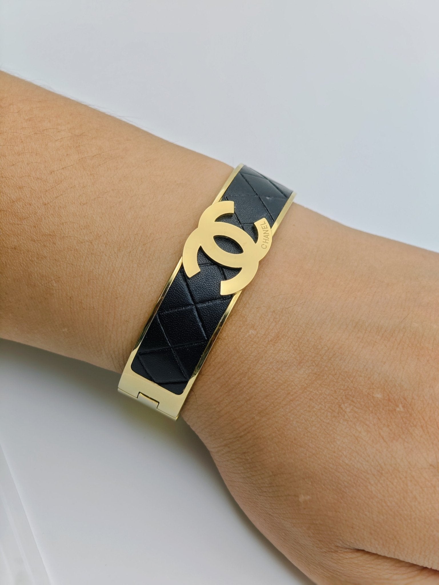 18K Gold Plated Channel Logo Engraved Bangle with Black Leather Inlay – Anti - TarnishBracelet for Men - The Soul Jewellery