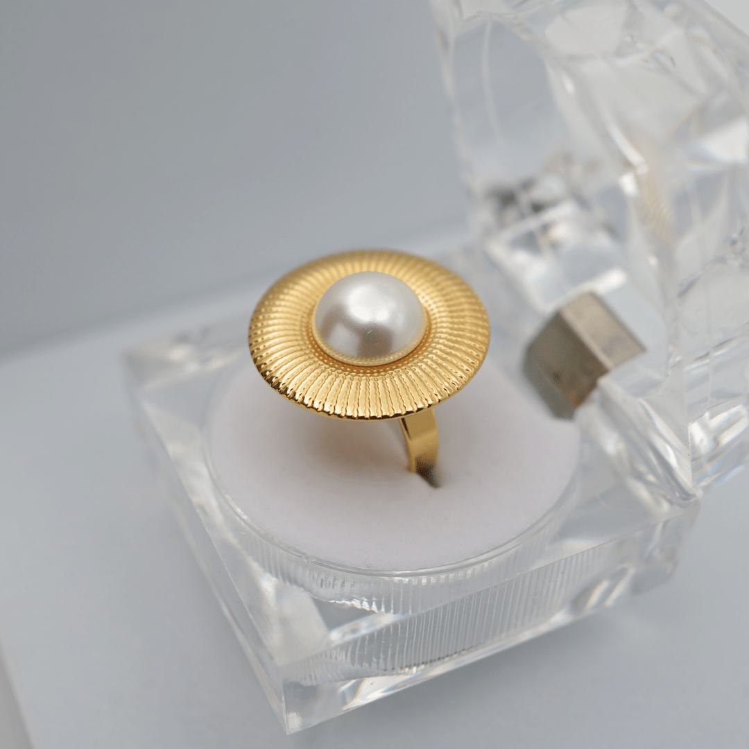 Adjustable Anti - Tarnish 18K Yellow Gold Plated Mia Ring with Pearl Accent – Elegant and Timeless Design - The Soul Jewellery
