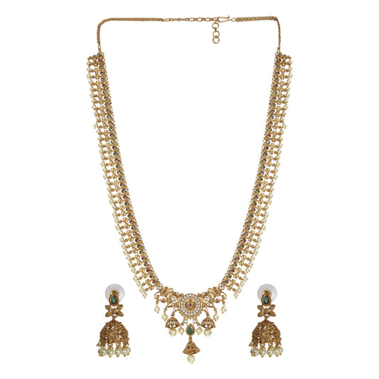 Avanti Antique Gold - Plated Long Necklace & Earring Set with Flower Motif - The Soul Jewellery
