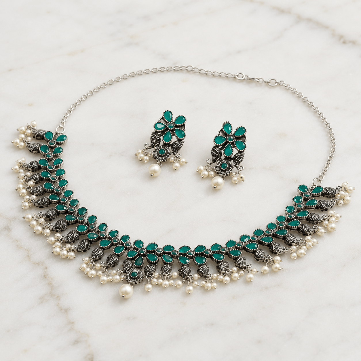 German Silver-Plated Choker Necklace Set with Green Gemstones - Soul Jewellery