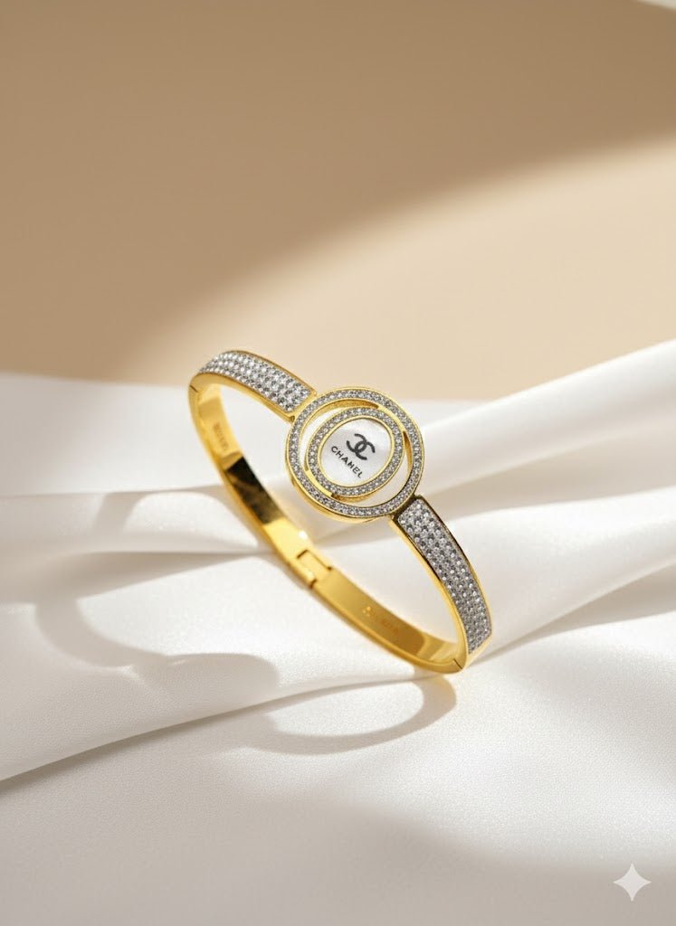 Luxurious 18K Gold Plated Anti - Tarnish Bangle with Chanel Engraving and Crystal Accents RGB247 - The Soul Jewellery