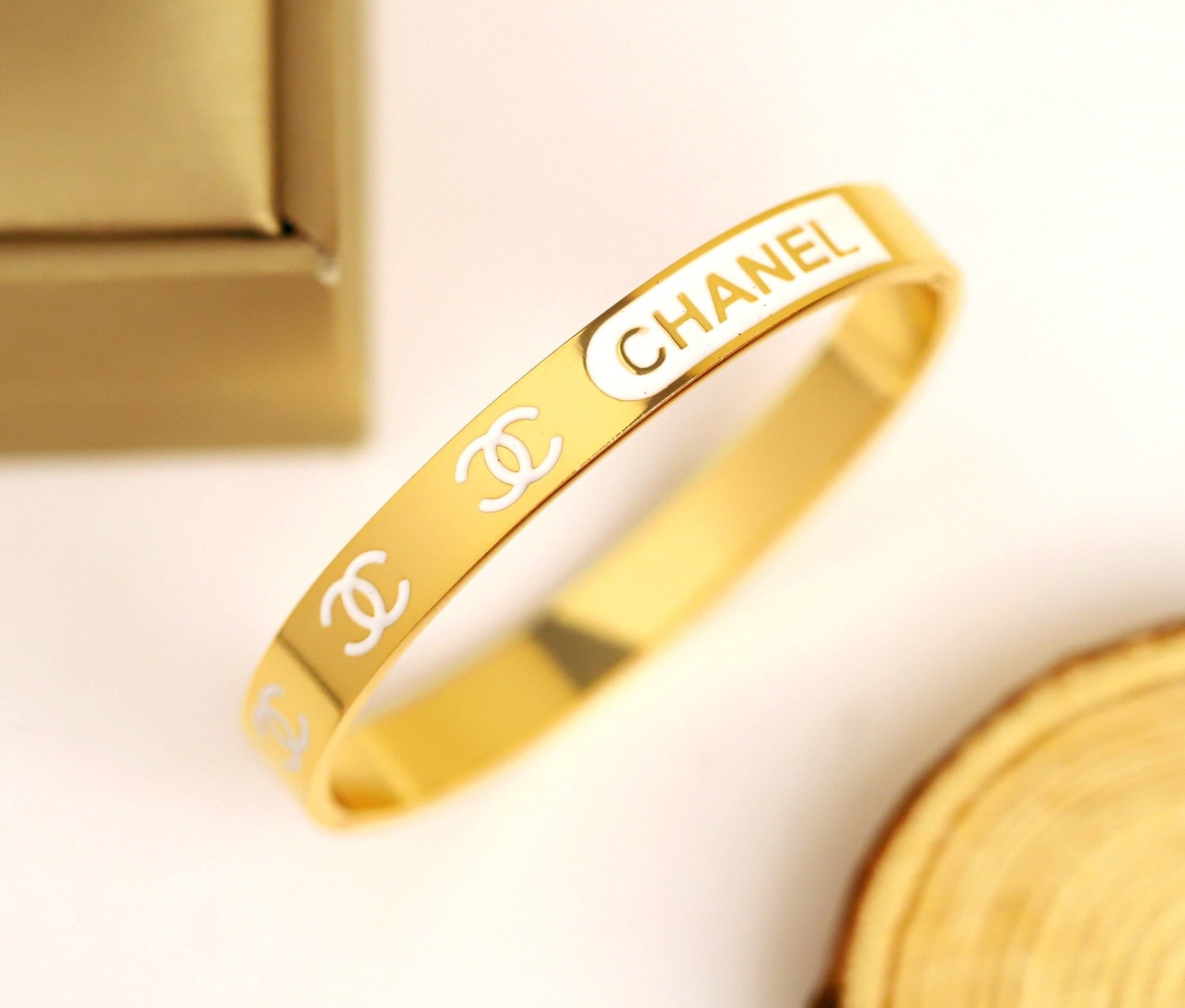 Demi-Fine Chanel-Inspired Enamel Logo Bracelet | Gold-Plated Daily Wear Kada for Men & Women - The Soul Jewellery