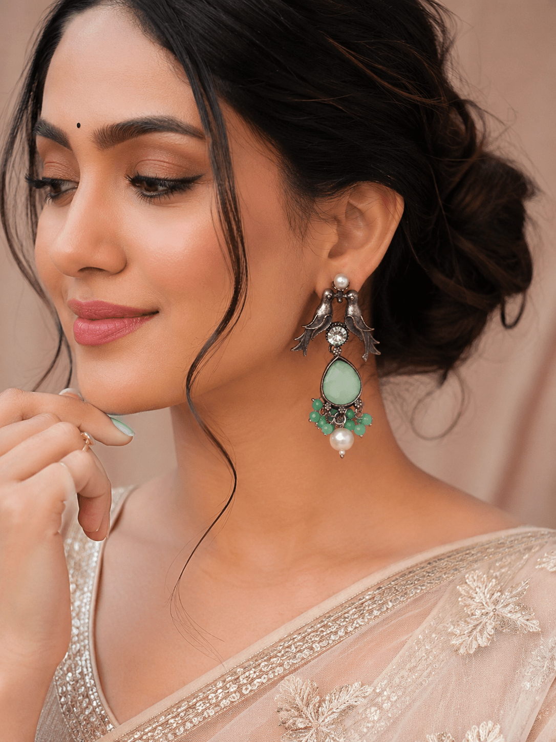 Mint Green Bird Pearl Oxidised Earrings for Women – Vintage Boho Earrings with Crystal & Pearl Drops - The Soul Jewellery