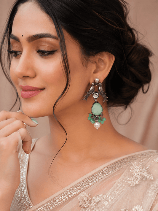 Mint Green Bird Pearl Oxidised Earrings for Women – Vintage Boho Earrings with Crystal & Pearl Drops - The Soul Jewellery