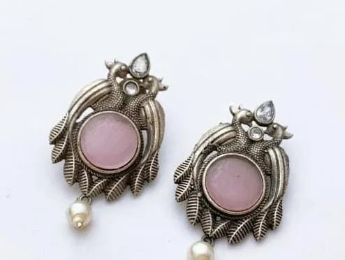 Aurelia Pink Stone Oxidised Earrings for Women – Silver Peacock Leaf Ear rings with Pearl Drops - The Soul Jewellery