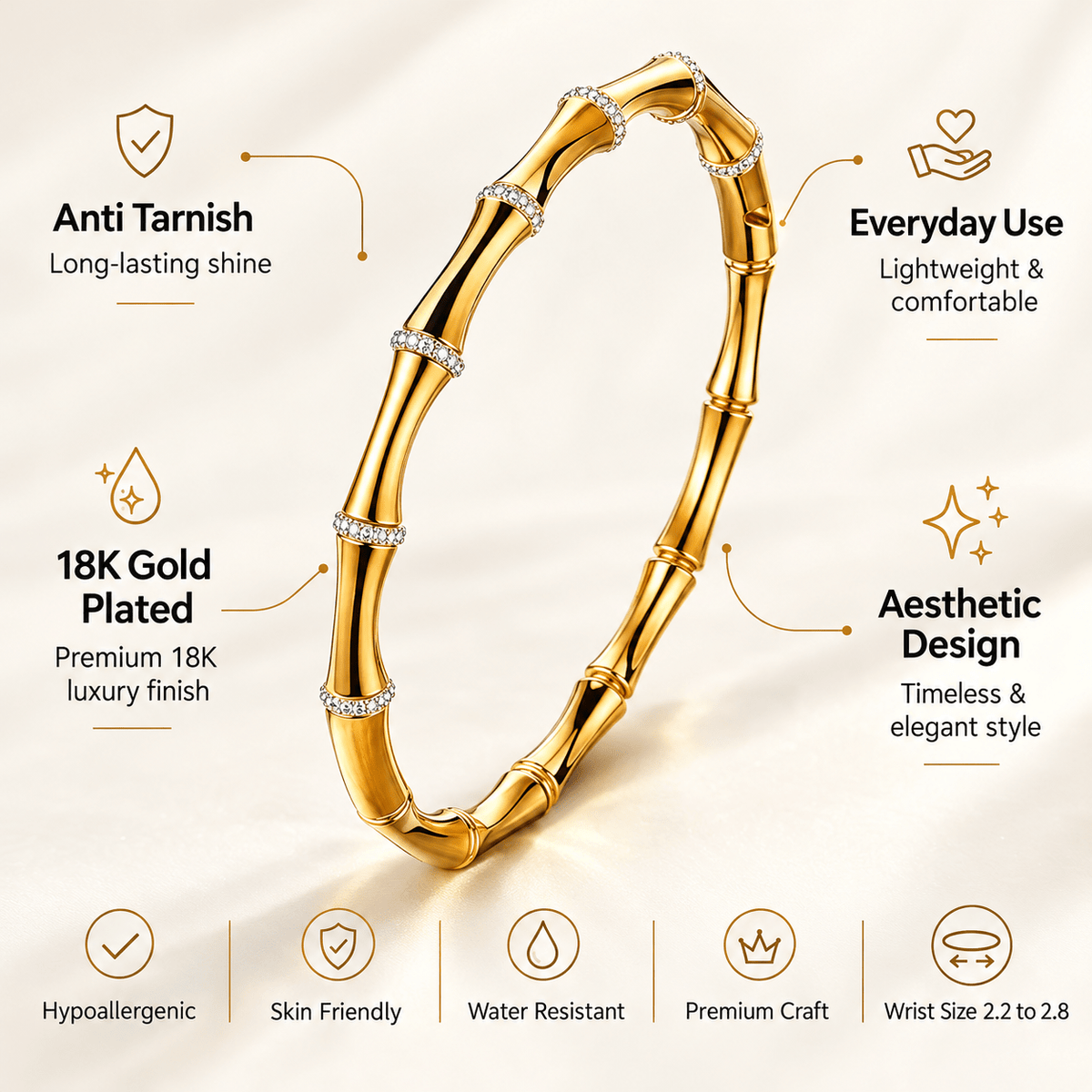 18K Gold Tone Crystal Bamboo Link Stainless Steel Bracelet for Women | Anti-Tarnish Luxury Everyday Bracelet - Soul Jewellery