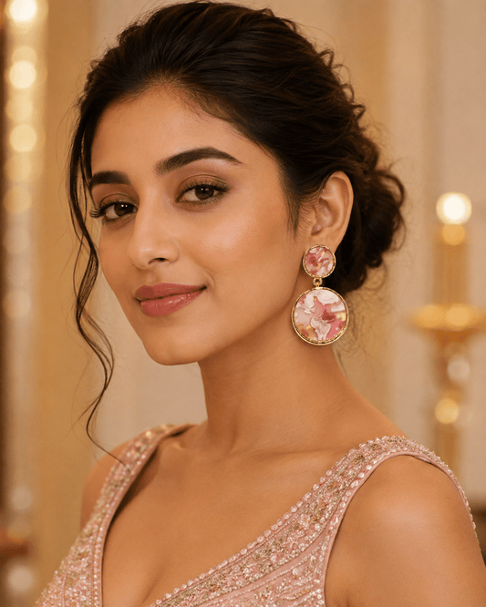 Blush Pink Marble-Effect Round Drop Earrings for Women – Gold-Tone Double Circle Dangle Earrings - Soul Jewellery
