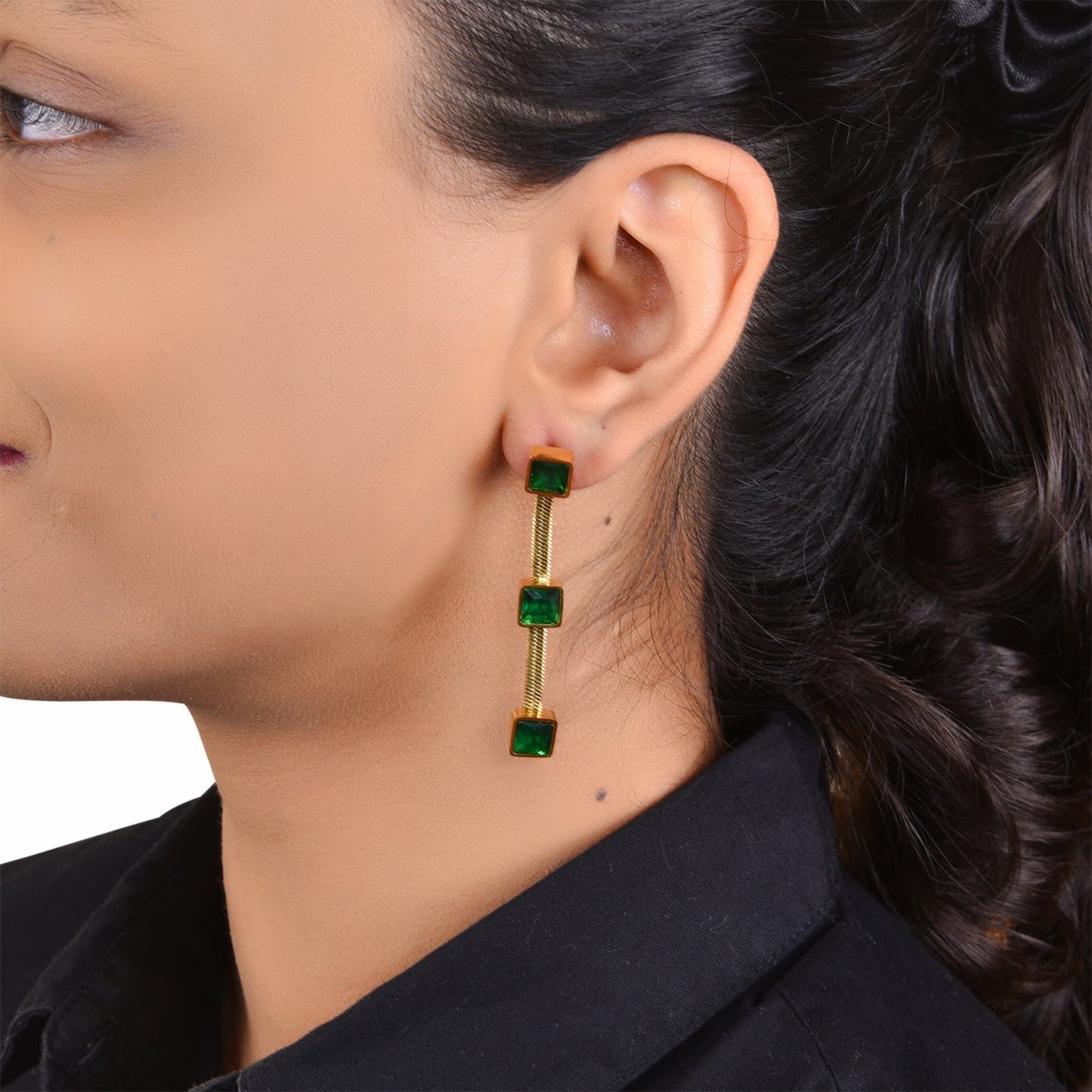 18K Gold Plated Anti - Tarnish Earrings with Emerald Green Square Gemstones – Stainless Steel Dangler - The Soul Jewellery