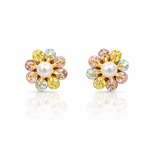 18K Gold-Tone Demi-Fine Stainless Steel Multicolour Crystal Flower Stud Earrings with Pearl for Women - Soul Jewellery