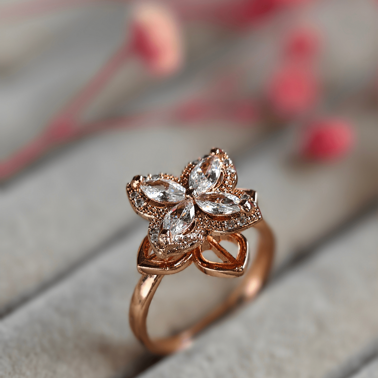 Camellia Cubic Zirconia Studded Adjustable 18K Rose Gold - Plated Anti tarnish Spinner Ring RGR107 - The Soul Jewellery