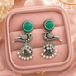 Oxidised Silver Green Stone Bird Jhumka Earrings with Pearl Danglers | Ethnic Earrings for Women - The Soul Jewellery