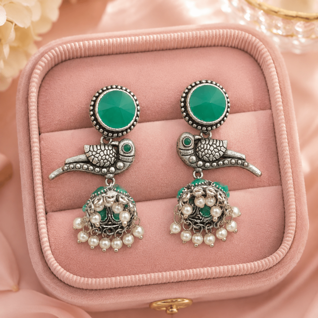 Oxidised Silver Green Stone Bird Jhumka Earrings with Pearl Danglers | Ethnic Earrings for Women - The Soul Jewellery