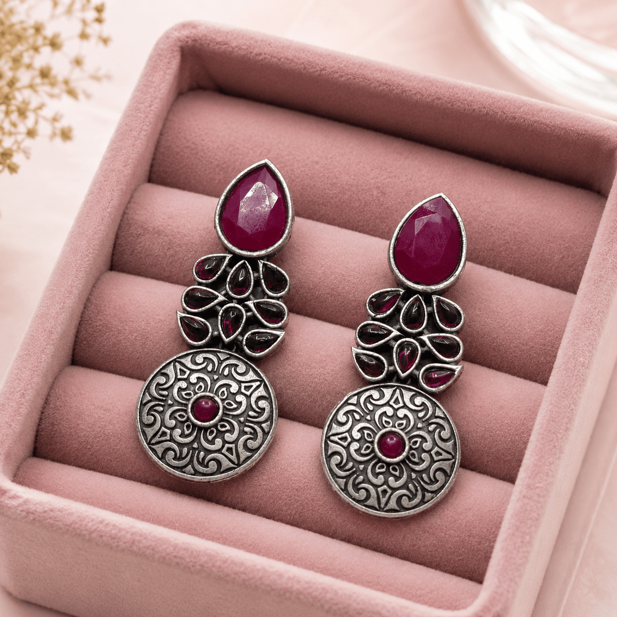 Magenta Stone Oxidised Silver Replica Earrings for Women – Vintage Boho Ethnic Drop Earrings - The Soul Jewellery