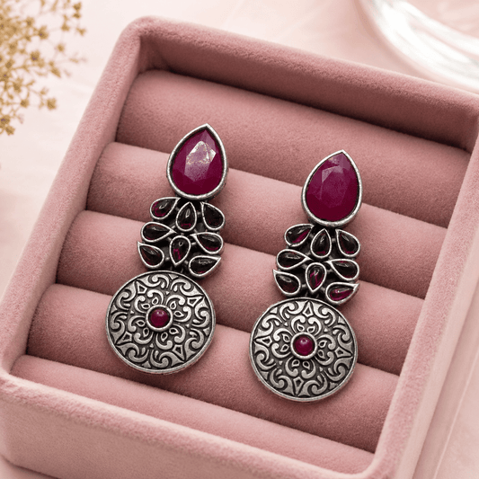 Magenta Stone Oxidised Statement Earrings for Women – Vintage Boho Ethnic Drop Earrings - The Soul Jewellery