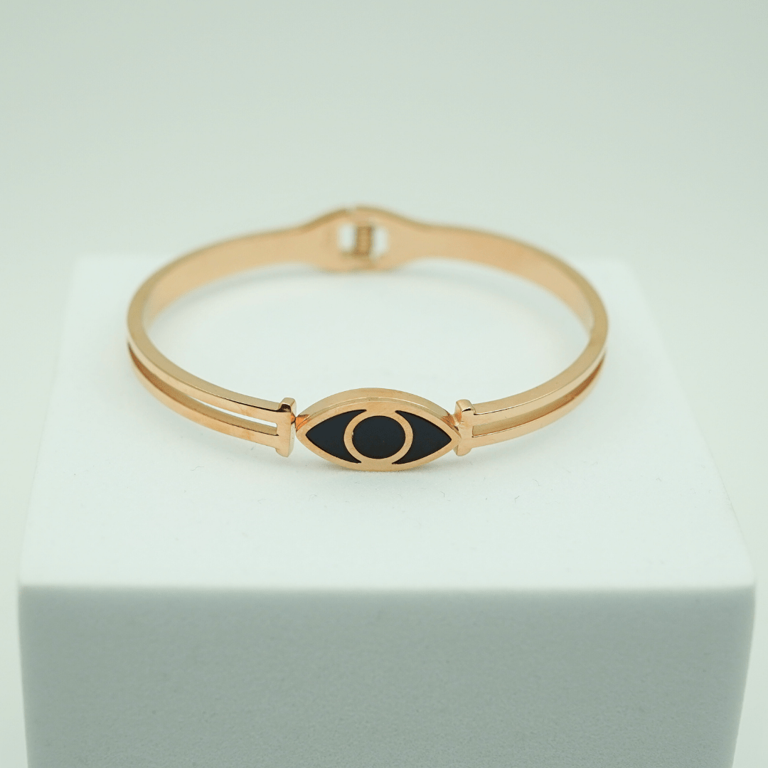 Elegant Gold Anti - Tarnish Black Evil Eye Bangle with Black Enamel Detailing Bracelet for Women- The Soul Jewellery