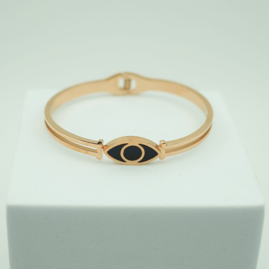 Elegant Gold Anti - Tarnish Evil Eye Bangle with Black Enamel Detailing RGB372 - The Soul Jewellery