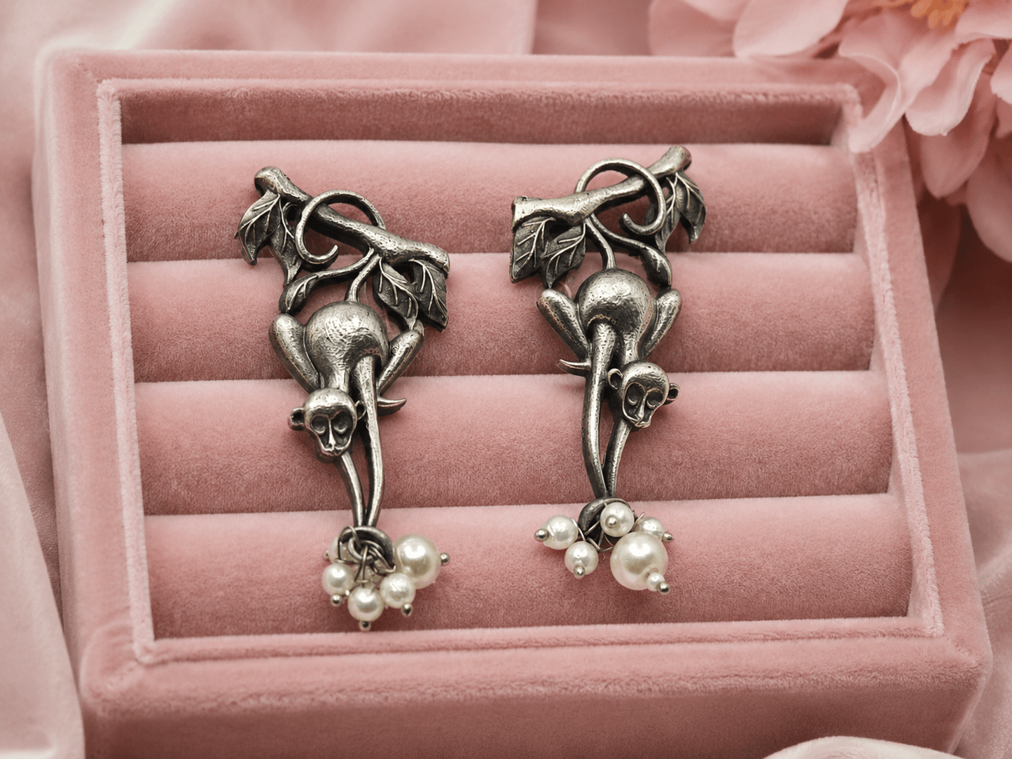 Oxidised Monkey Pearl Drop Earrings for Women – Vintage Animal Design Boho Tribal Earrings - The Soul Jewellery