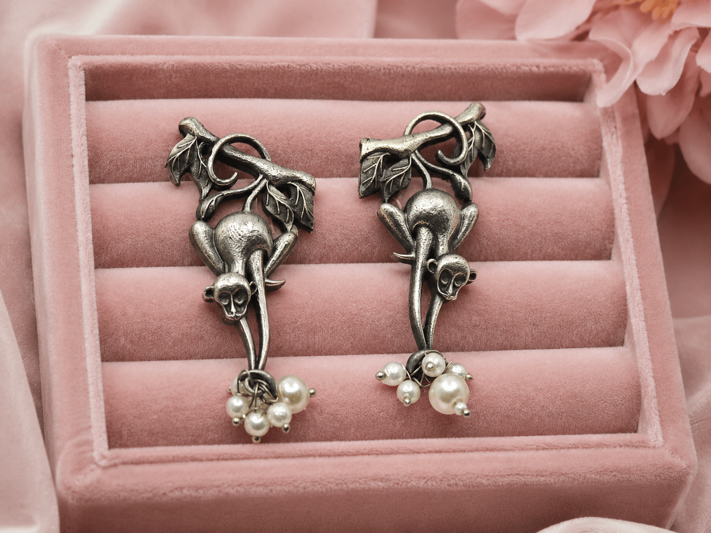 Oxidised Monkey Pearl Drop Earrings for Women – Vintage Animal Design Boho Tribal Earrings - The Soul Jewellery