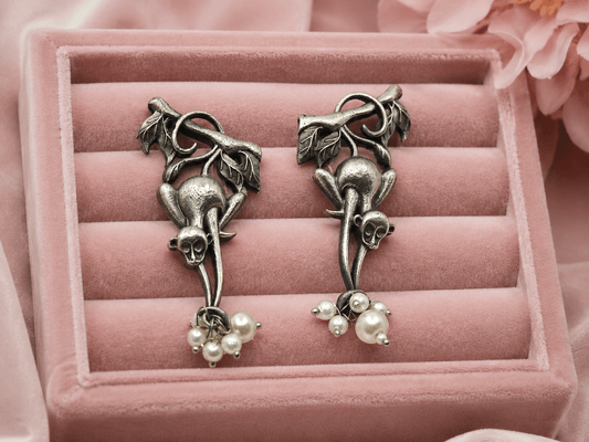 Oxidised Monkey Pearl Drop Earrings for Women – Vintage Animal Design Boho Tribal Earrings - The Soul Jewellery